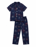 Boys Blue Printed Cotton Night Suit – Half Sleeve Button-Down Pajama Set