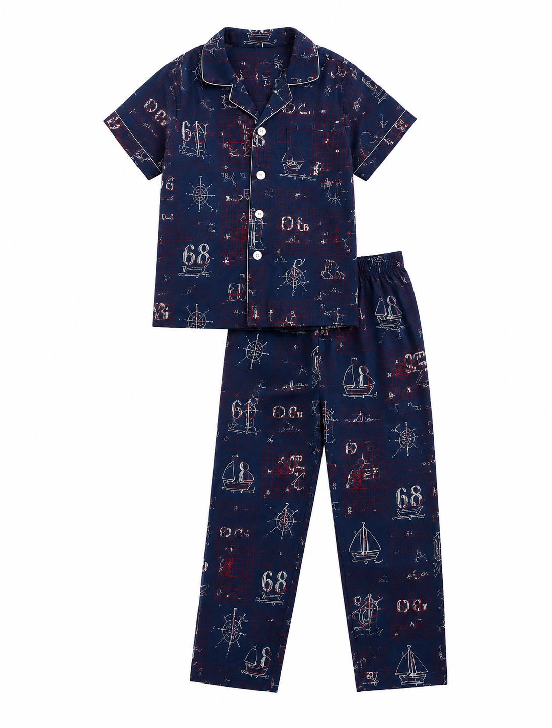 Boys Blue Printed Cotton Night Suit – Half Sleeve Button-Down Pajama Set