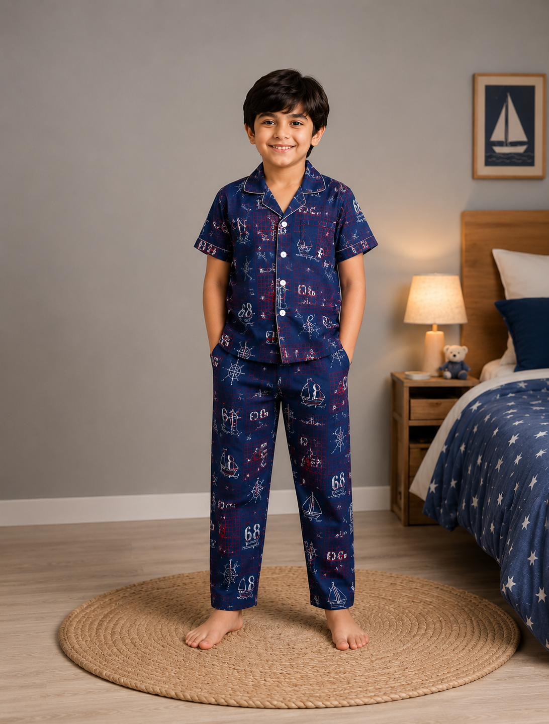 Boys Blue Printed Cotton Night Suit – Half Sleeve Button-Down Pajama Set