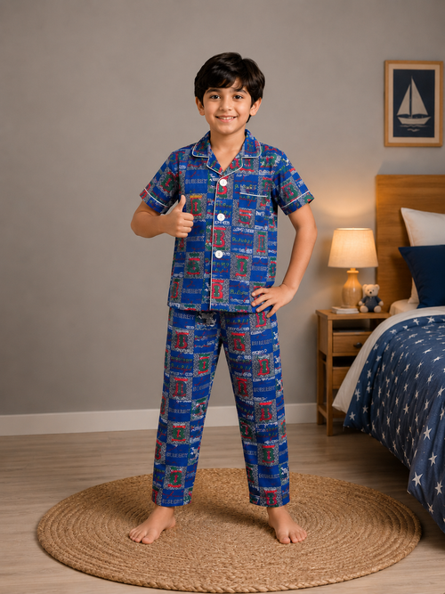 Boys Blue Printed Night Suit