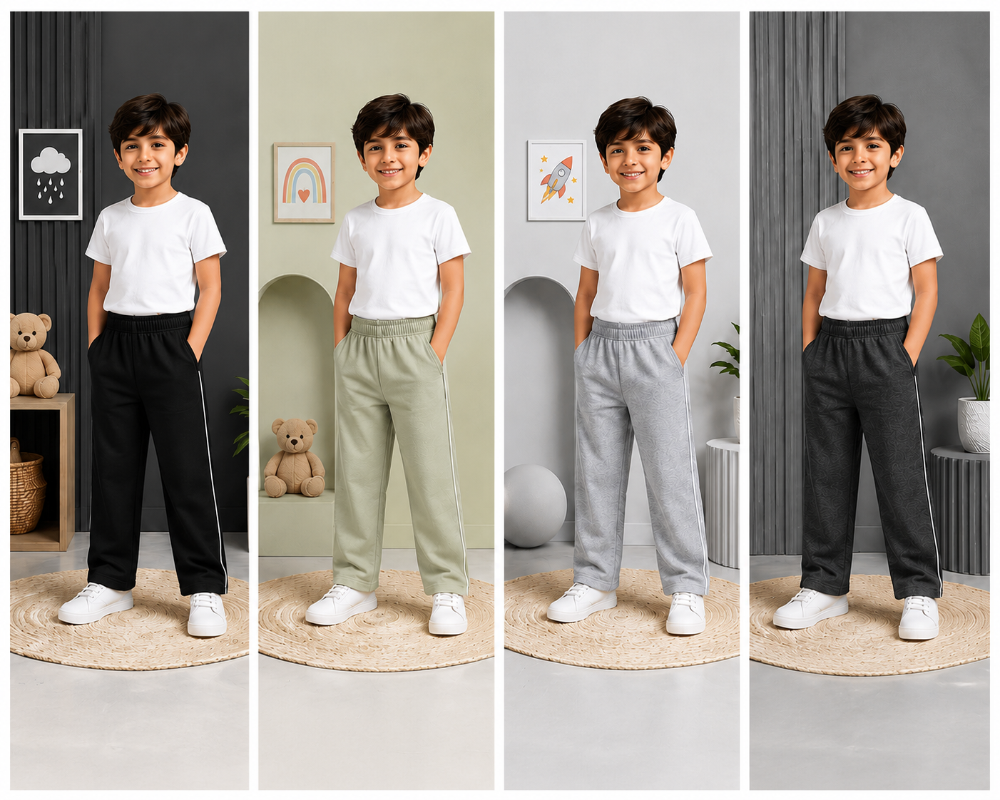 Boys Cotton Track Pants Pack of 4 – Soft Elastic Waist Casual Trousers (Black, Olive, Grey & Charcoal)