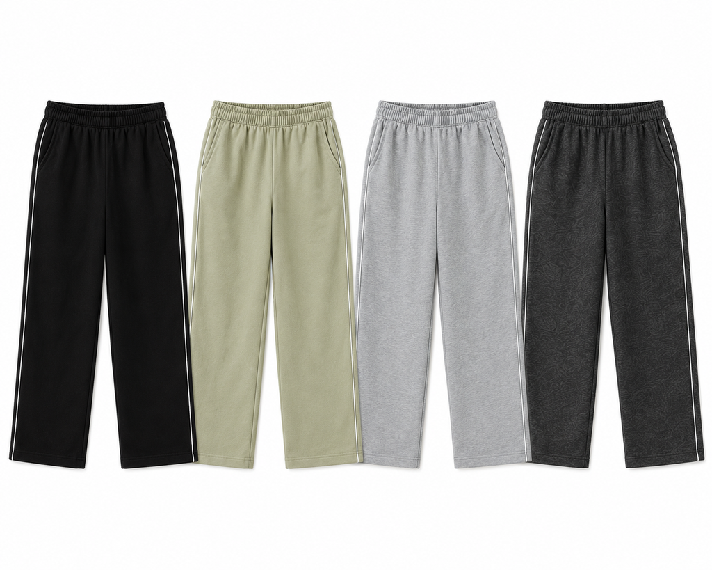 Boys Cotton Track Pants Pack of 4 – Soft Elastic Waist Casual Trousers (Black, Olive, Grey & Charcoal)