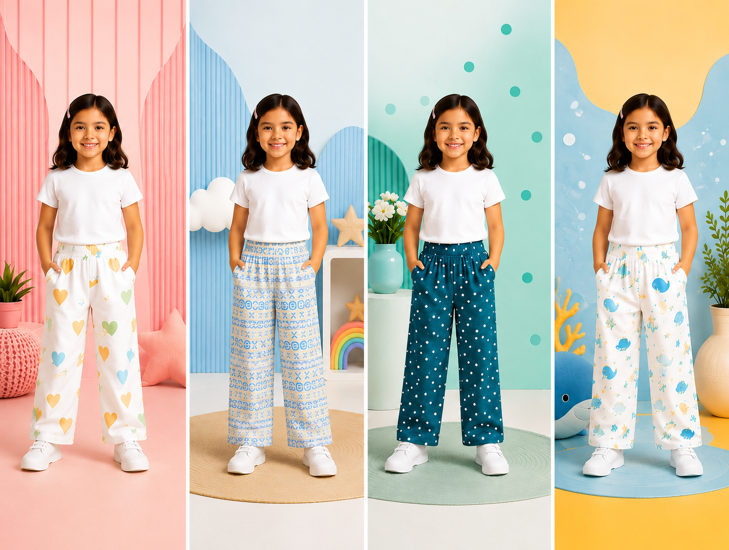 Girls Printed Cotton Trousers – Soft Elastic Waist Casual Pants (Pack of 4 Designs)
