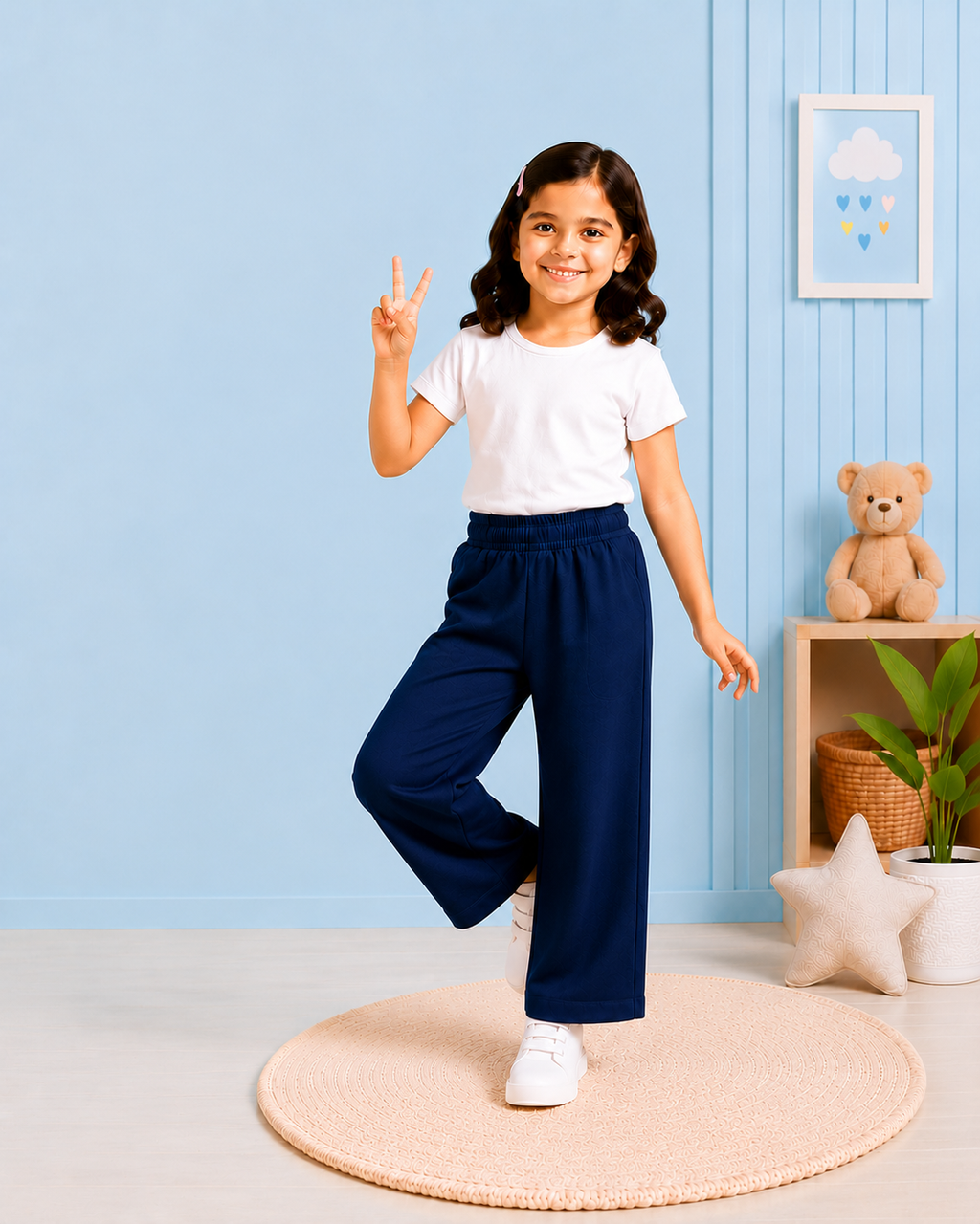 Girls Navy Blue Cotton Palazzo Pants | Comfortable Everyday Trousers