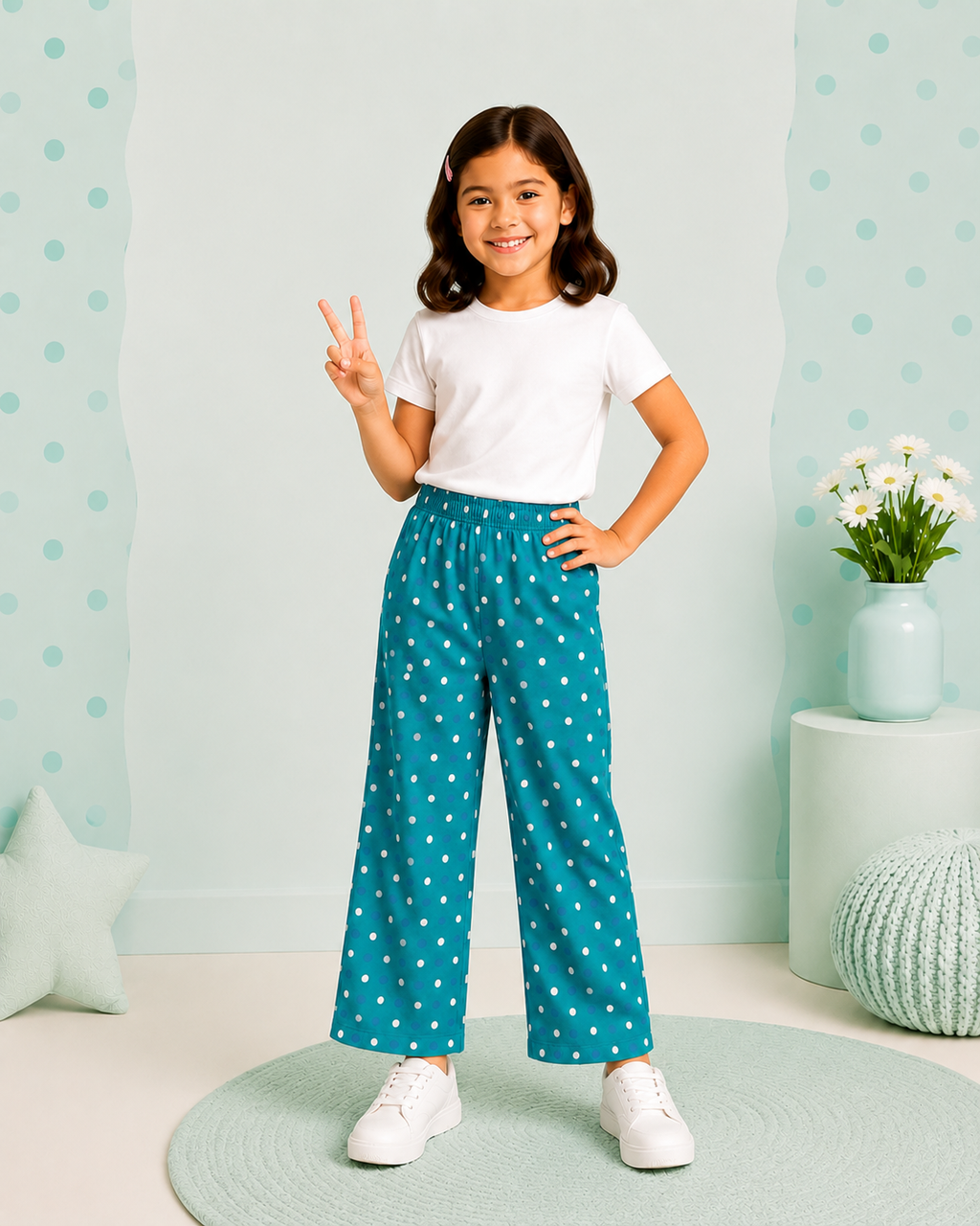 Girls Teal Polka Dot Wide Leg Trousers
