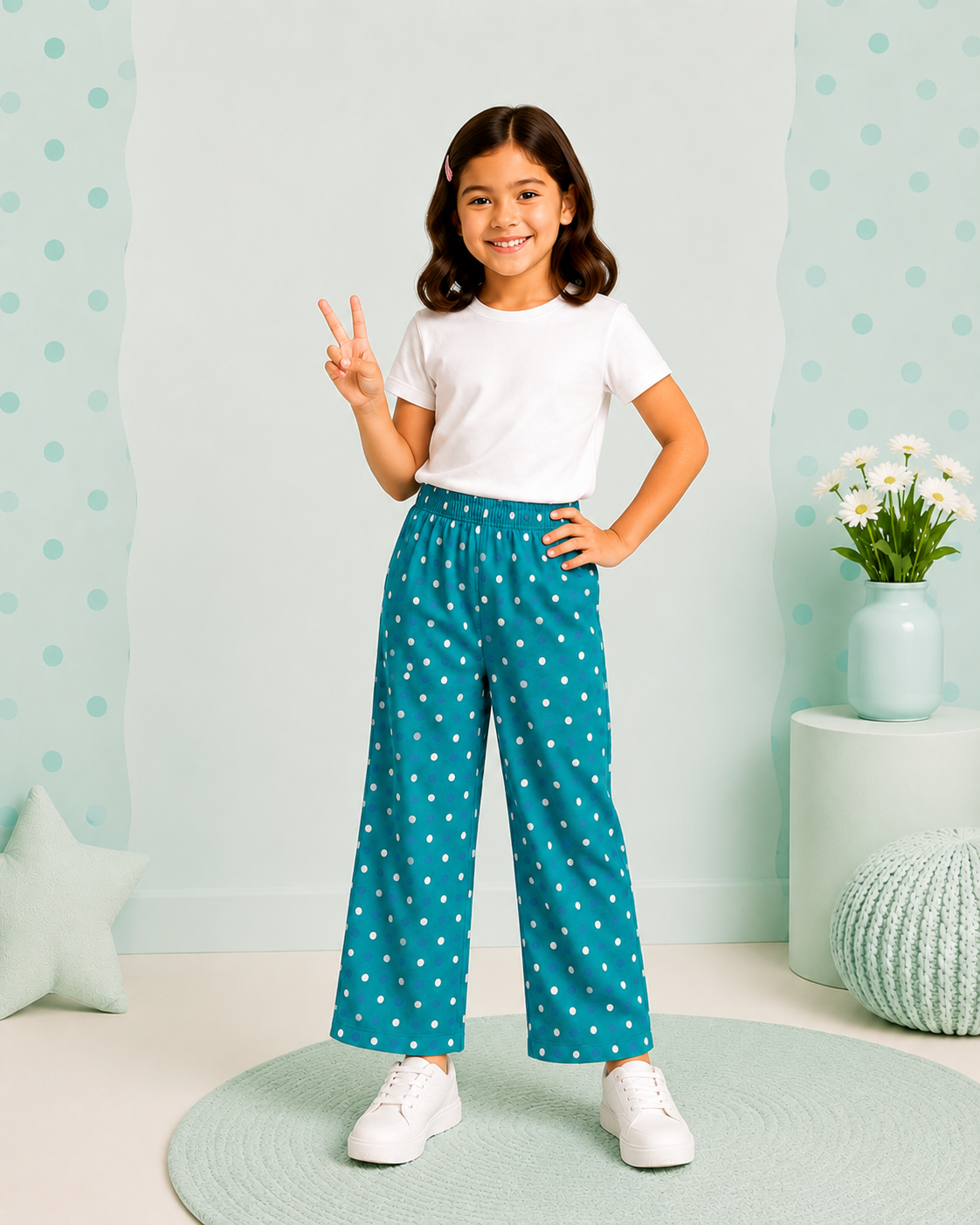 Girls Teal Polka Dot Wide Leg Trousers