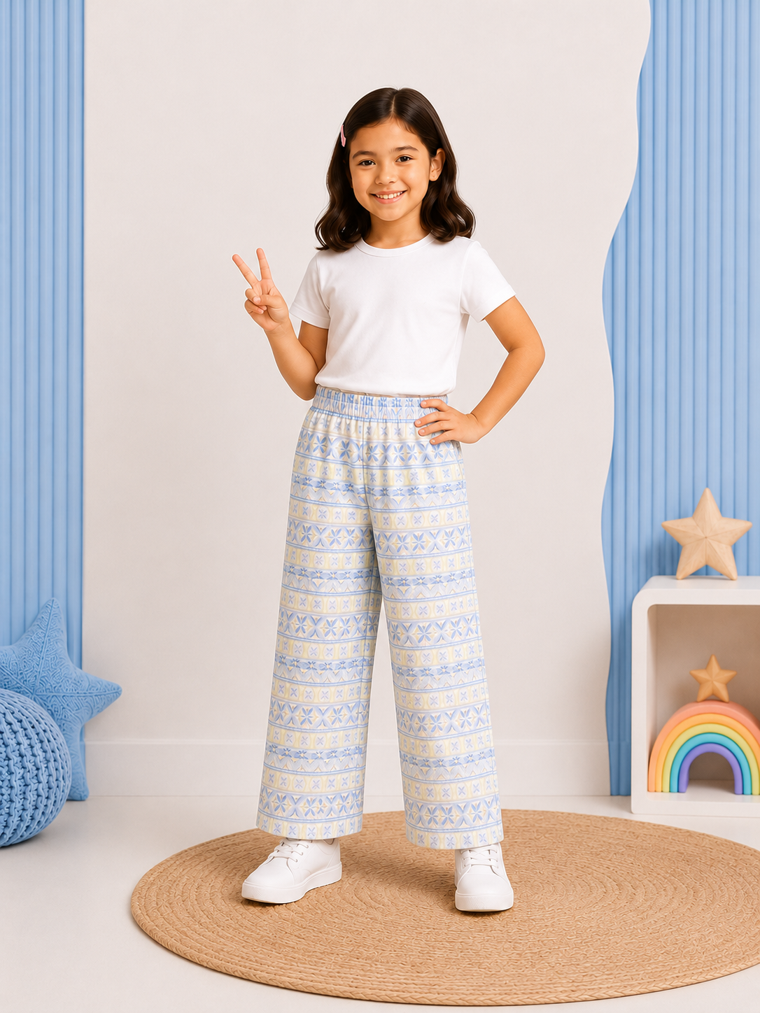 Girls Blue Geometric Print Wide Leg Trousers