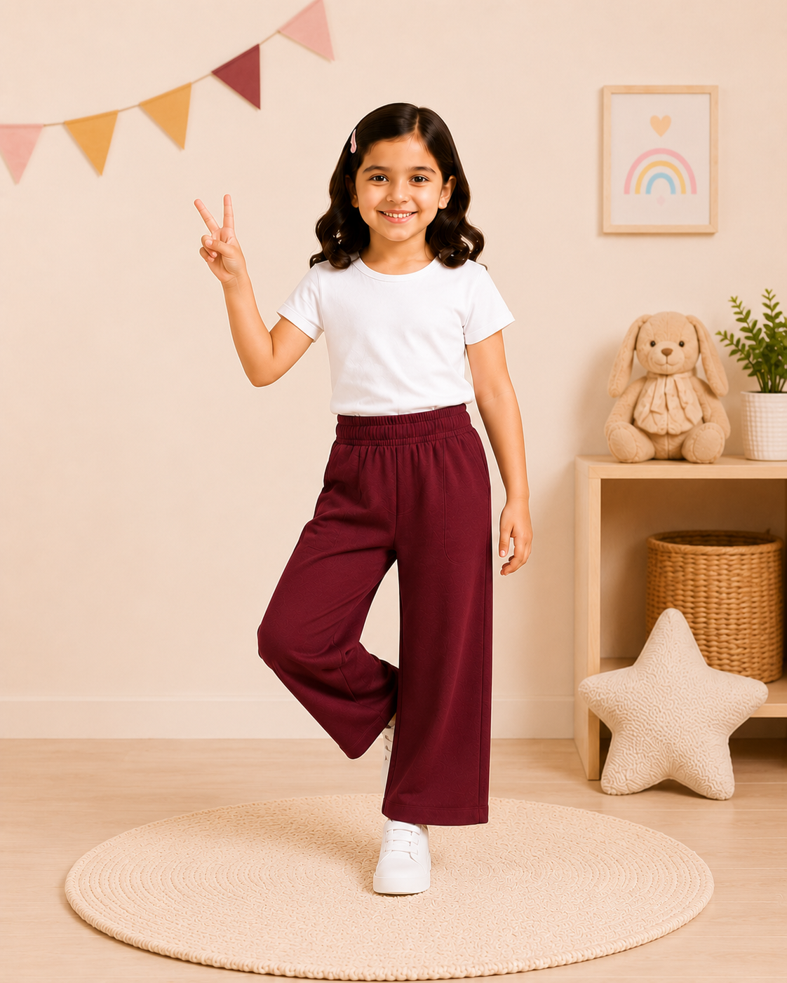 Girls Maroon Cotton Palazzo Pants | Comfortable Everyday Trousers