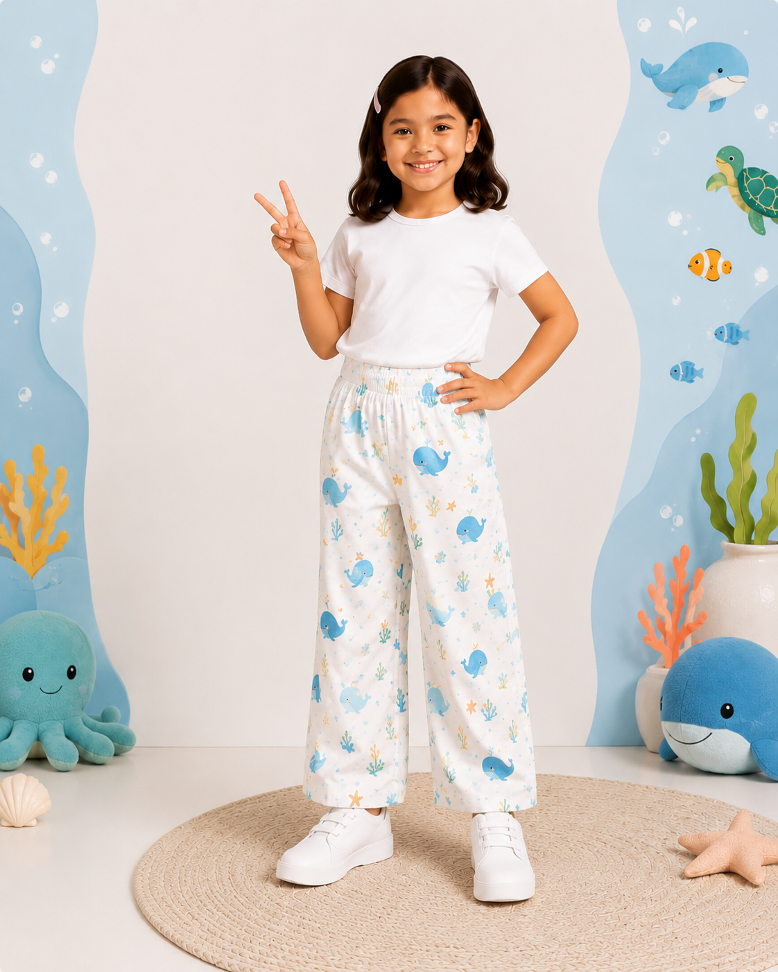 Girls Ocean Whale Print Cotton Palazzo Pants | Soft & Comfortable Everyday Trousers