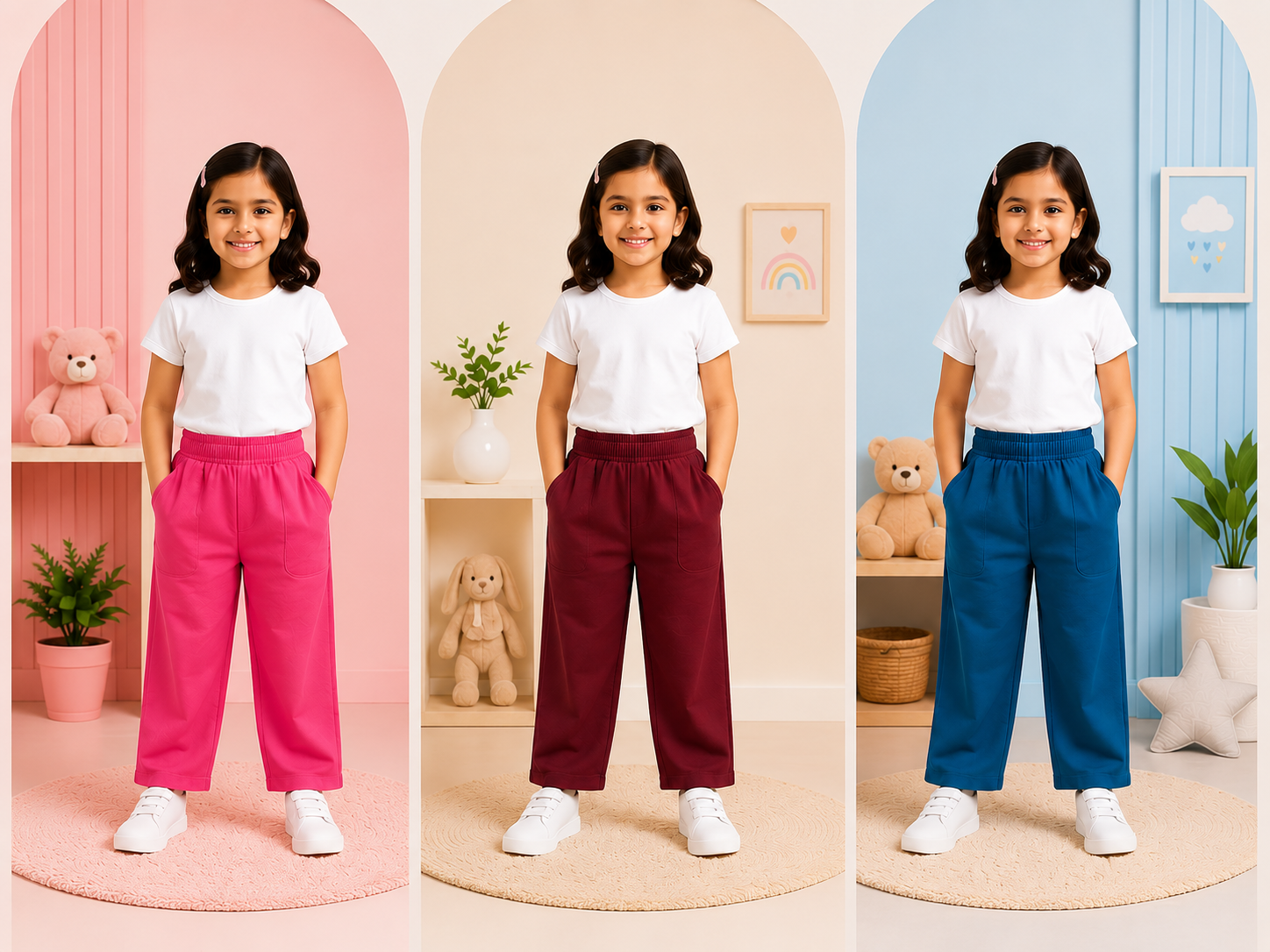 Girls Wide Leg Pocket Trousers – Soft Cotton Casual Pants (Pack of 3 Colors)