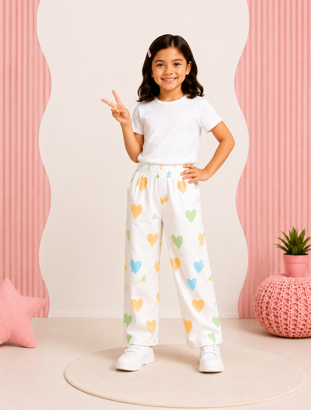 Girls White Wide Leg Pants with Multicolor Heart Print | Soft Elastic Waist Casual Trousers