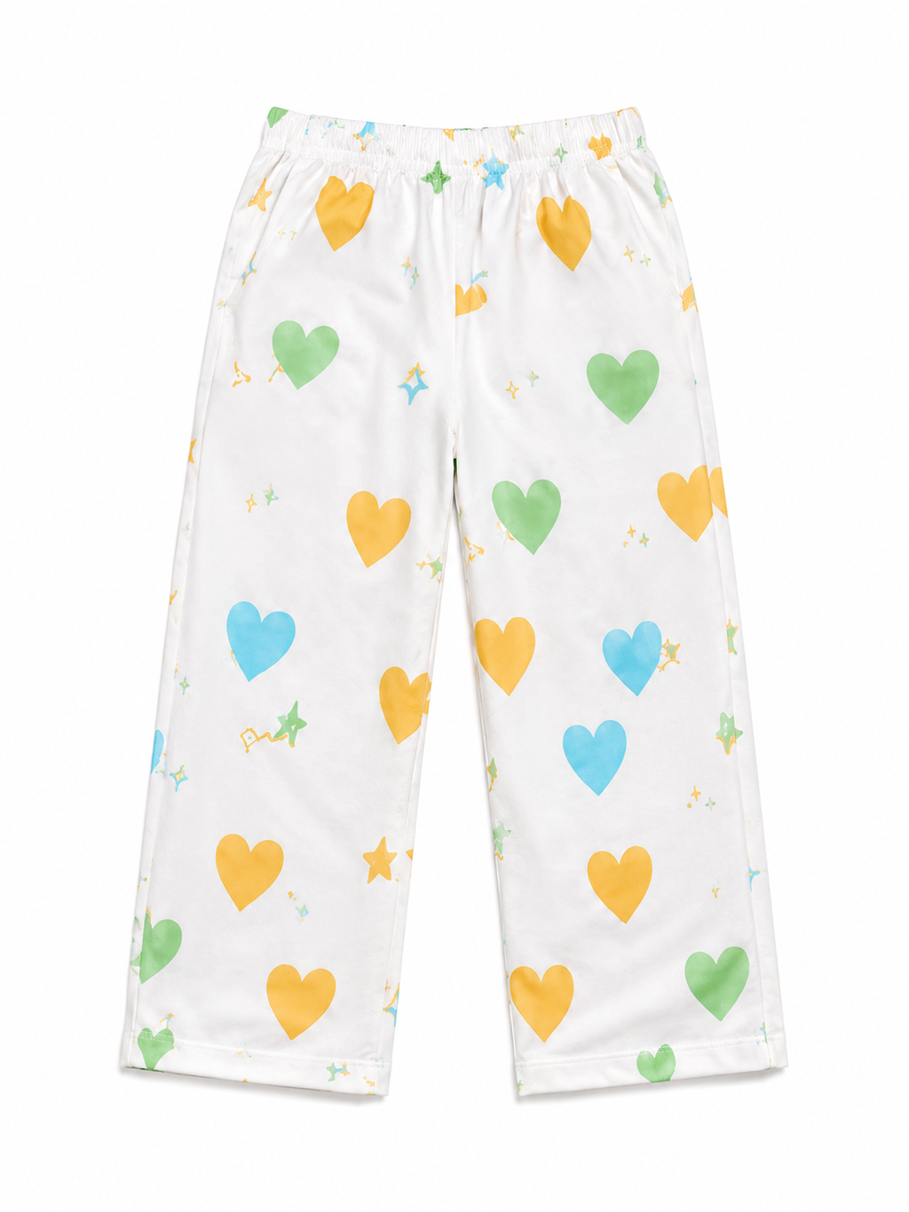 Girls White Wide Leg Pants with Multicolor Heart Print | Soft Elastic Waist Casual Trousers