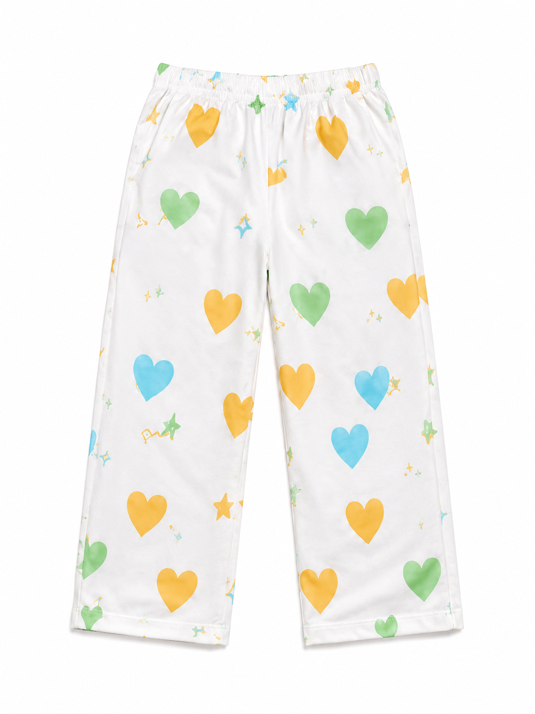 Girls White Wide Leg Pants with Multicolor Heart Print | Soft Elastic Waist Casual Trousers