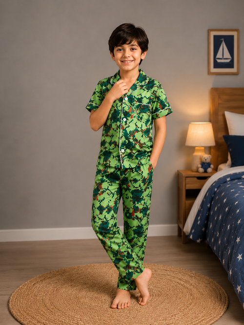 Boys Green Digital Camouflage Cotton Night Suit – Half Sleeve Button-Down Pajama Set