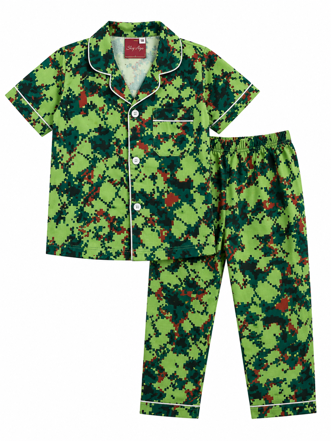 Boys Green Digital Camouflage Cotton Night Suit – Half Sleeve Button-Down Pajama Set