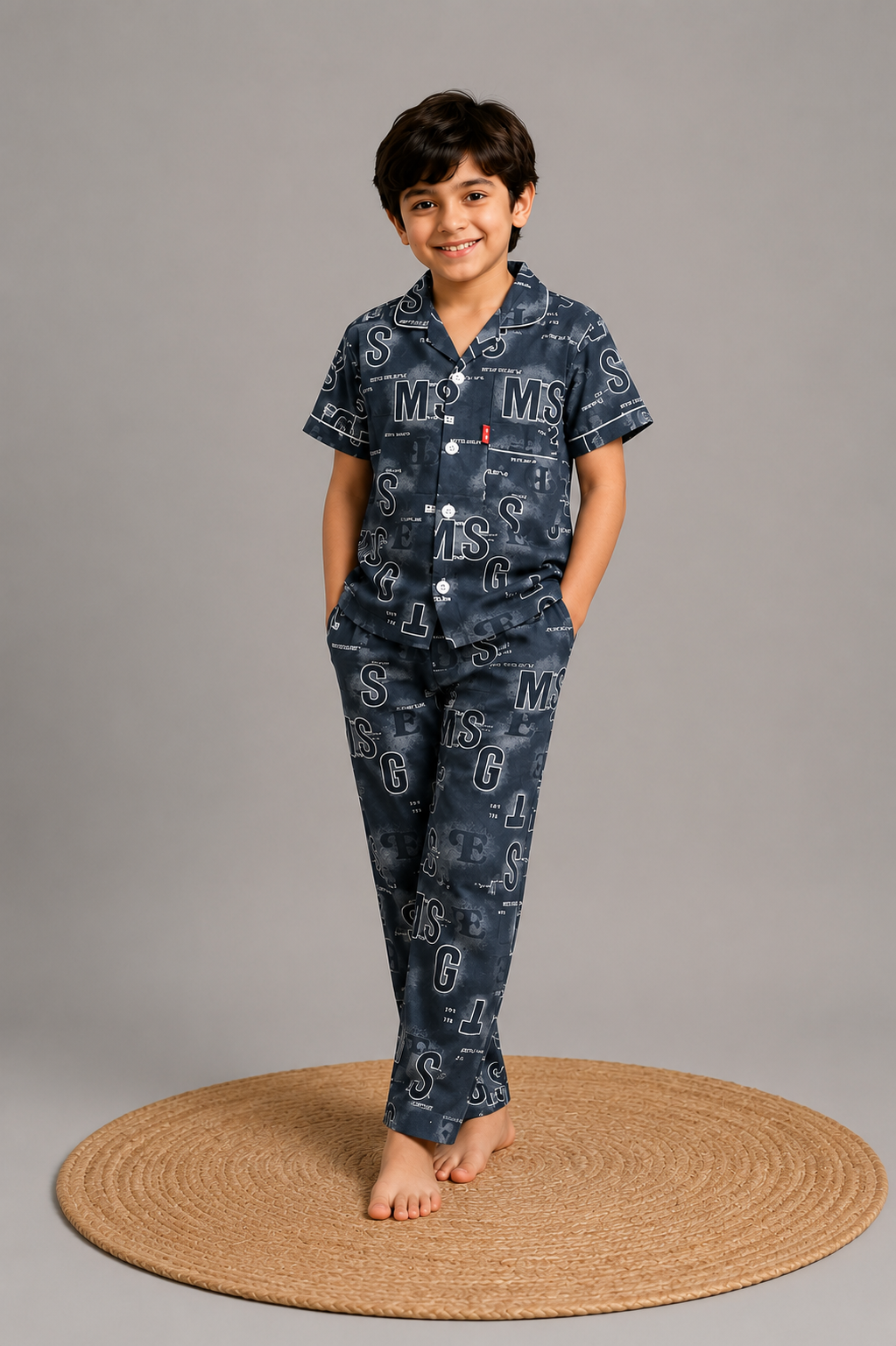 Boys Grey Typography Cotton Night Suit – Half Sleeve Button-Down Pajama Set