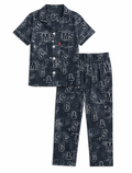 Boys Grey Typography Cotton Night Suit – Half Sleeve Button-Down Pajama Set