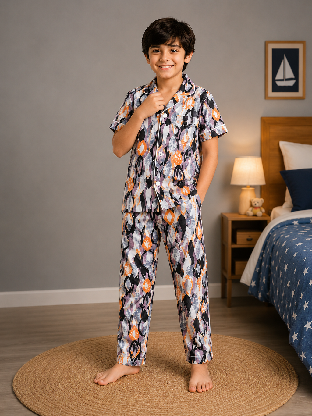 Boys Multicolor Geometric Cotton Night Suit – Half Sleeve Button-Down Pajama Set
