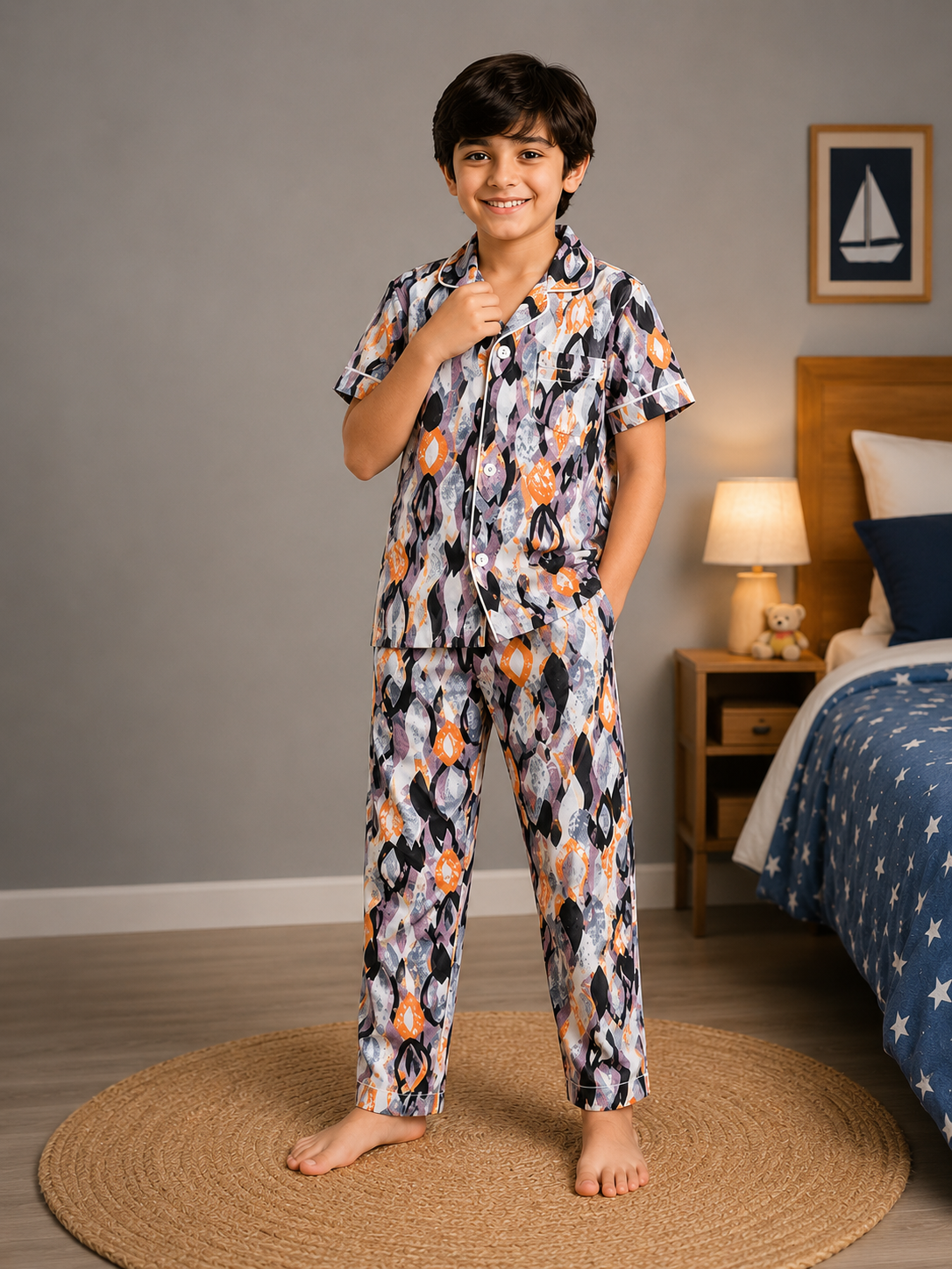 Boys Multicolor Geometric Cotton Night Suit – Half Sleeve Button-Down Pajama Set