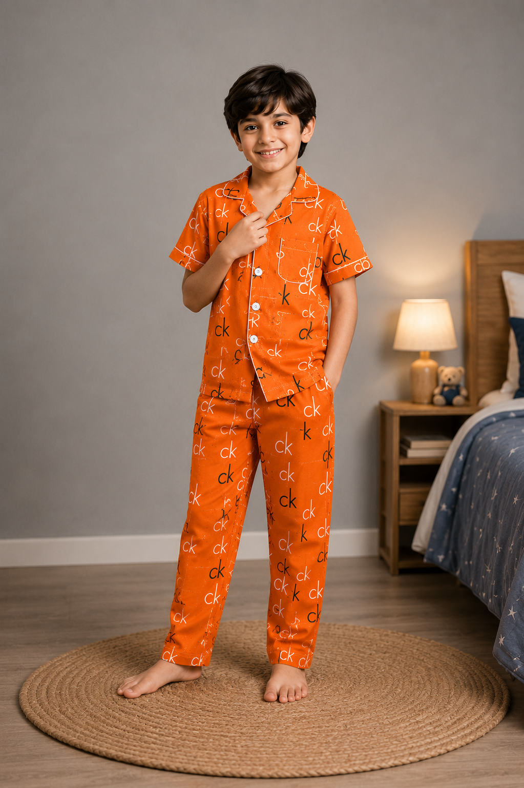 Boys Orange Monogram Cotton Night Suit – Half Sleeve Button-Down Pajama Set