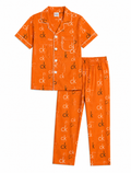 Boys Orange Monogram Cotton Night Suit – Half Sleeve Button-Down Pajama Set