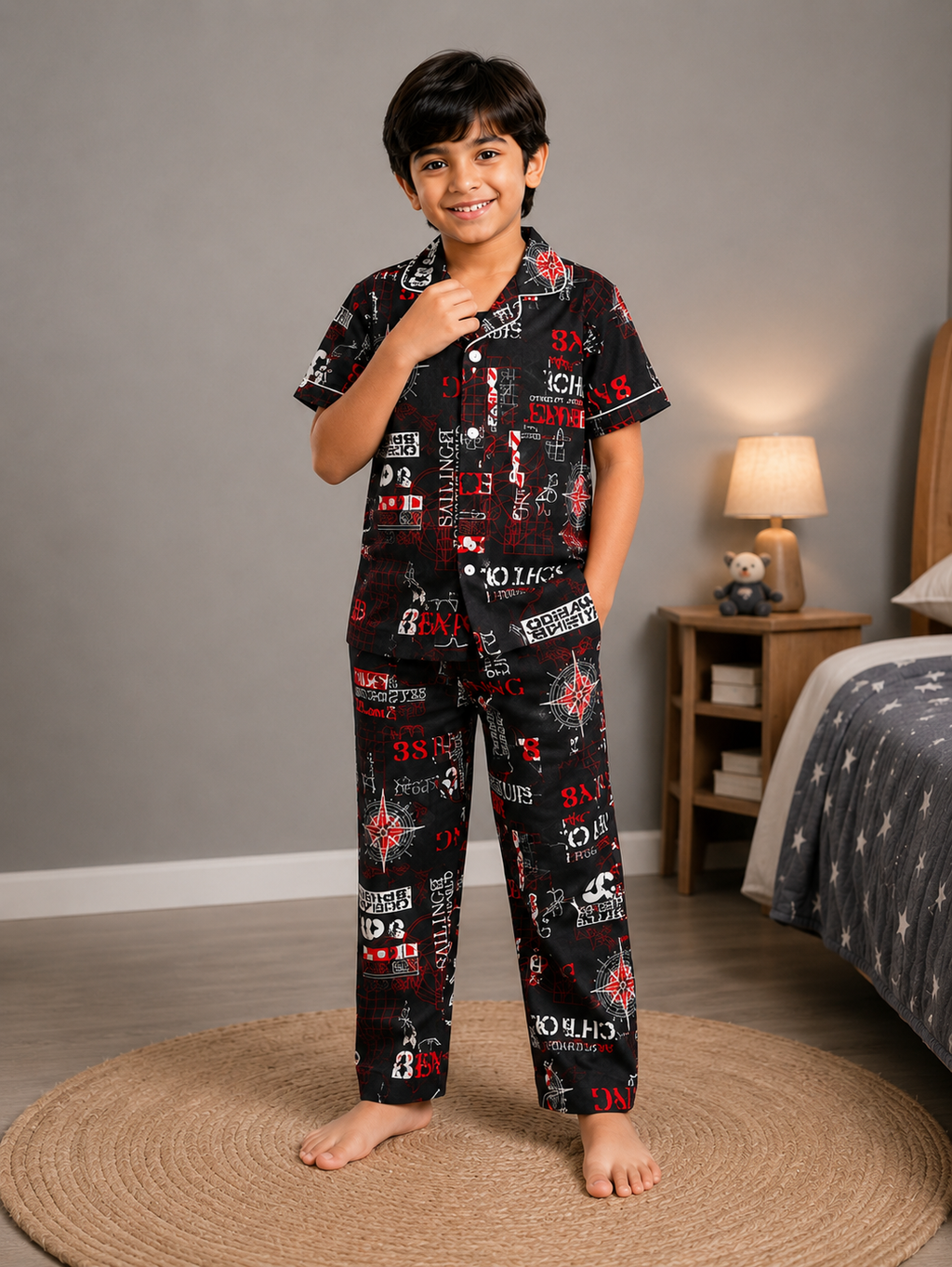 Boys Black and Red Nautical Cotton Night Suit – Half Sleeve Button-Down Pajama Set