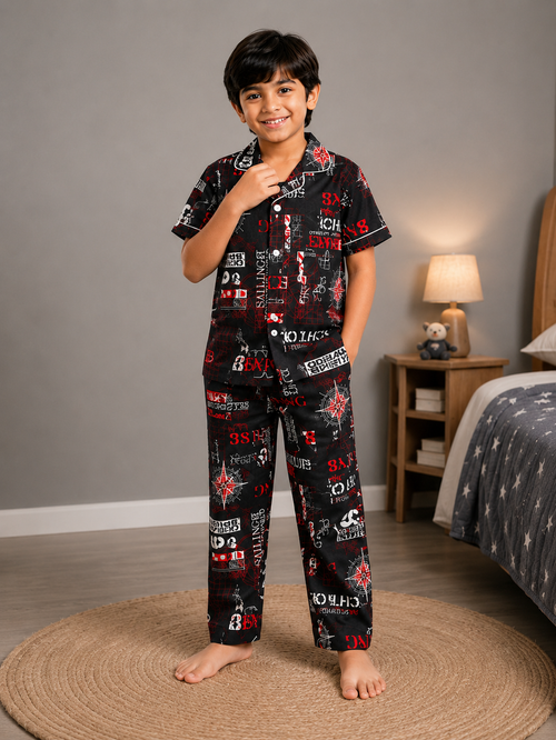 Boys Black and Red Nautical Cotton Night Suit – Half Sleeve Button-Down Pajama Set