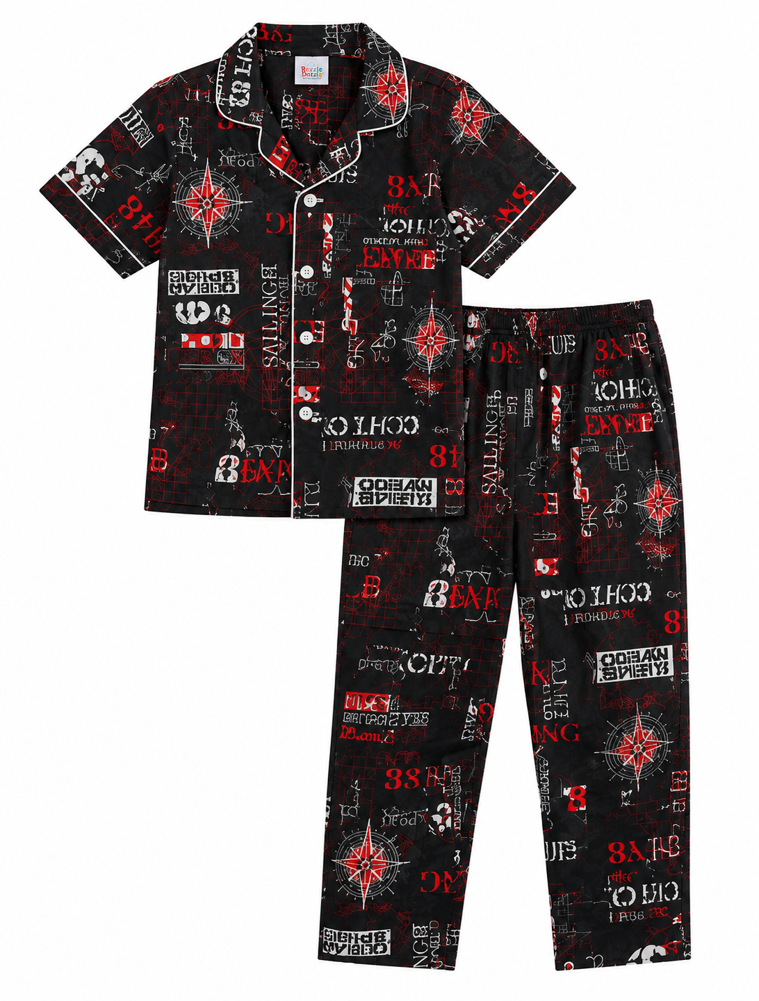 Boys Black and Red Nautical Cotton Night Suit – Half Sleeve Button-Down Pajama Set